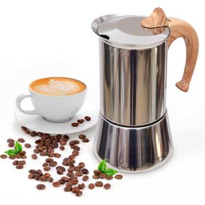 Induction Moka Pot, Stainless Steel, Stovetop Espresso Coffee Maker, 6 Cup/300ml/10.1oz, Easy to Use and Clean, Camping Home Use | for Mocha Cappuccinos, Lattes (Silver)