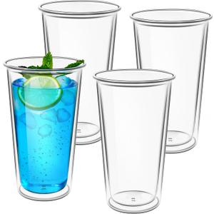 Freshmage 16oz Double Walled Insulated Tumblers (4 Pack), Tumbler Cups Keep Drinks Cold & Hot, Crystal Clear Reusable Plastic Cups, BPA-Free Plastic Drinking Glasses, Dishwasher Safe