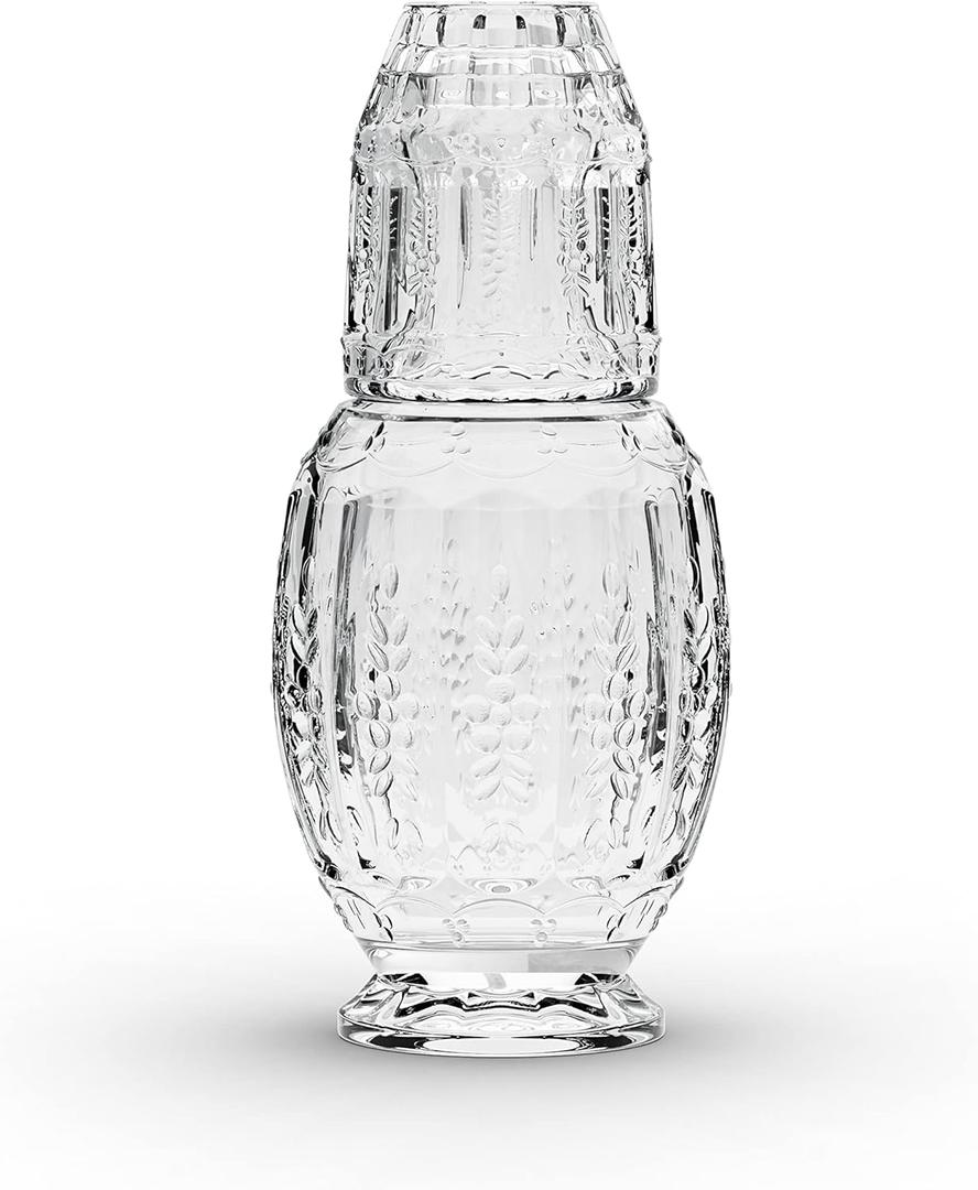 Elle Dcor Vintage Bedside Water Carafe with Tumbler  Elegant Pitcher and Matching Drinking Glass Doubles As Lid For Guest Room, Office, or as a Gift, 4.7x10.4, Clear