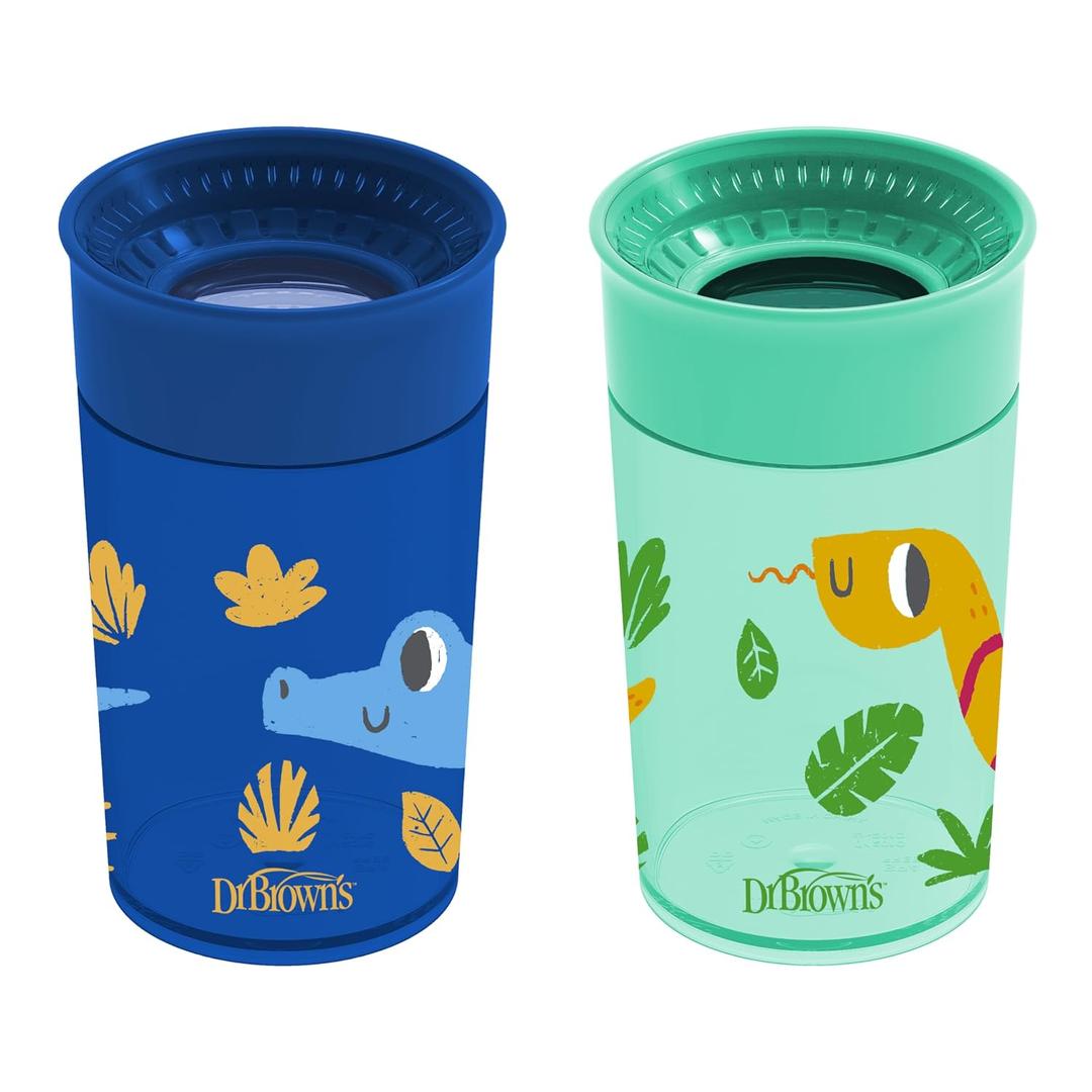 Dr. Brown's Milestones Cheers 360 Spoutless Transition Cup, Travel Friendly and Leak Free Sippy for Babies and Toddlers, Blue/Green Animals, BPA-Free, 10 oz/300 mL, 9m+, 2-Pack