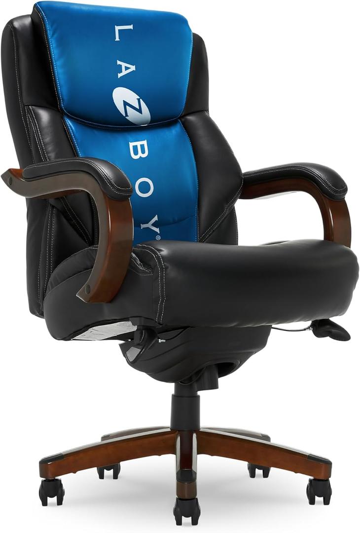 La-Z-Boy Delano Big & Tall Executive Office Chair, Ergonomic Mid-Back with Body Pillow Lumbar Support, ComfortCore with Memory Foam Cushion, Mahogany Wood Arms and Swivel Base, Bonded Leather, Black