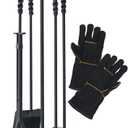 Lichamp Fireplace Tools Set, 5-Pieces Indoor Outdoor Sturdy Fire Place Poker Sets with Retro Handle and Heat Resistant Leather Gloves, FTS55BK
