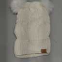 Women's Winter Hat Soft Knit Beanie with Faux Fur Pom Hat with Warm Fleece Lining Skull Cap for Women (White)