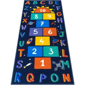 STARUIA Washable Hopscotch Kids Rugs for Playroom, Colorful Educational Classroom Rug with ABC Number, Non Slip Boy Kids Play Mat Rug Space Game Carpet for Bedroom DaycareDark Blue, 31.5''x72''