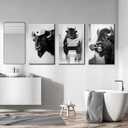 Funny Bison Bathroom Wall Art - 3 Piece Black and White Buffalo on Toilet Canvas Prints, Humorous Animal Pictures for Restroom Decor, 16x24 Inch Framed, Unique White Elephant Gift