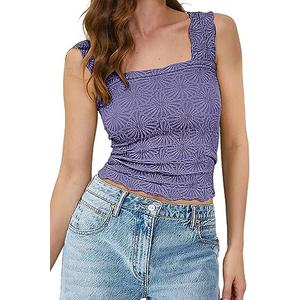 MISSACTIVER Women Square Neck Wide Straps Crop Tank Tops Casual Floral Sleeveless Lettuce Trim Slim Fit Crop Cami Vest Tops, Size Small , Purple 