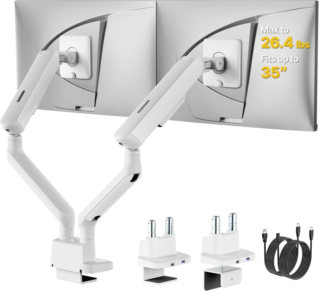 MonTEK Dual Monitor Arm with USB, Mechanical Spring Monitor Arm for 17-35" Screens, Adjustable Monitor Desk Mount Each Holds up to 26.4 lbs with C Clamp/Grommet Desk Mount, VESA 75/100mm (White)