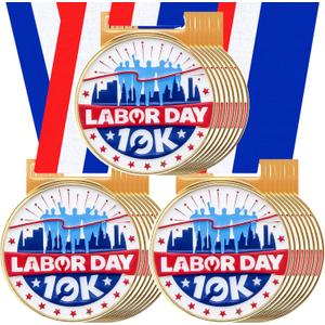 24 Pcs 10K Running Medals Bulk 2'' Race Medallion Trophy Award with Blue Whit Red Ribbons Labour Day Supplies for Race Walk Tournaments Match Sports Competition