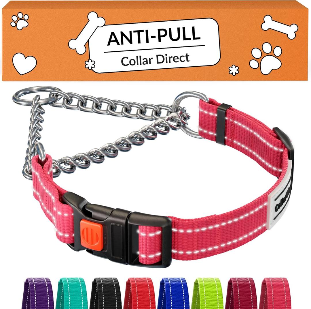CollarDirect Martingale Dog Collar Heavy Duty Nylon Slip Collars for Small Medium Large Dogs [Stainless Steel Chain and Quick Release Buckle, Reflective, Pink, M, 14"-17"]