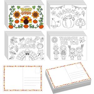 Fulmoon 100 Pcs Thanksgiving Color Your Own Cards 4 Styles 4" x 6" Turkey Pumpkin Sunflower Maple Leaves Coloring Greeting Fall Autumn Activity Postcards for Kids Student Adult Holiday Crafts