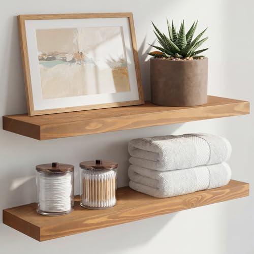 Homeforia 24 inch Golden Oak Floating Shelf, High End Solid Real Wood 24inch Small Floating Shelves for Wall Mounted, Oak Wooden 24in Floating Shelves, Heavy Duty Bracket, 24 X 6.5 X 1.75 in, Set of 2