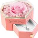 Heart Shape Preserved Real Rose Box with Necklace, Forever I Love You Roses Gifts for Her, Eternal Flowers Gifts for Women, Birthday Anniversary Thanksgiving Ideas - Pink