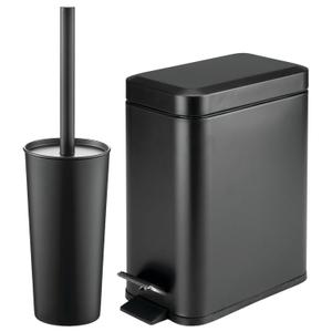 mDesign Metal Freestanding Slim Toilet Bowl Brush and Holder + Rectangle Narrow 5 Liter / 1.3 Gallon Step Pedal TrashCan Wastebasket for Bathroom - Small, Compact Design - Set of 2 - Black