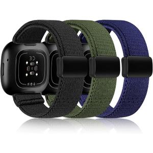 TOYOUTHS 3 Pack Magnetic Stretchy Band Compatible with Fitbit Versa 4/Fitbit Versa 3/Sense 2/Sense Smartwatch, Soft Elastic Bracelet Nylon Braided Sport Loop Strap for Women Men