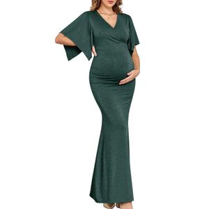 CYCLAMEN Maxi Maternity Dress Sparkly Baby Shower Semi Formal Wedding Guest V-Neck Handkerchief Sleeves Elegant Pregnancy, Sparkly Dark Peacock Blue, L