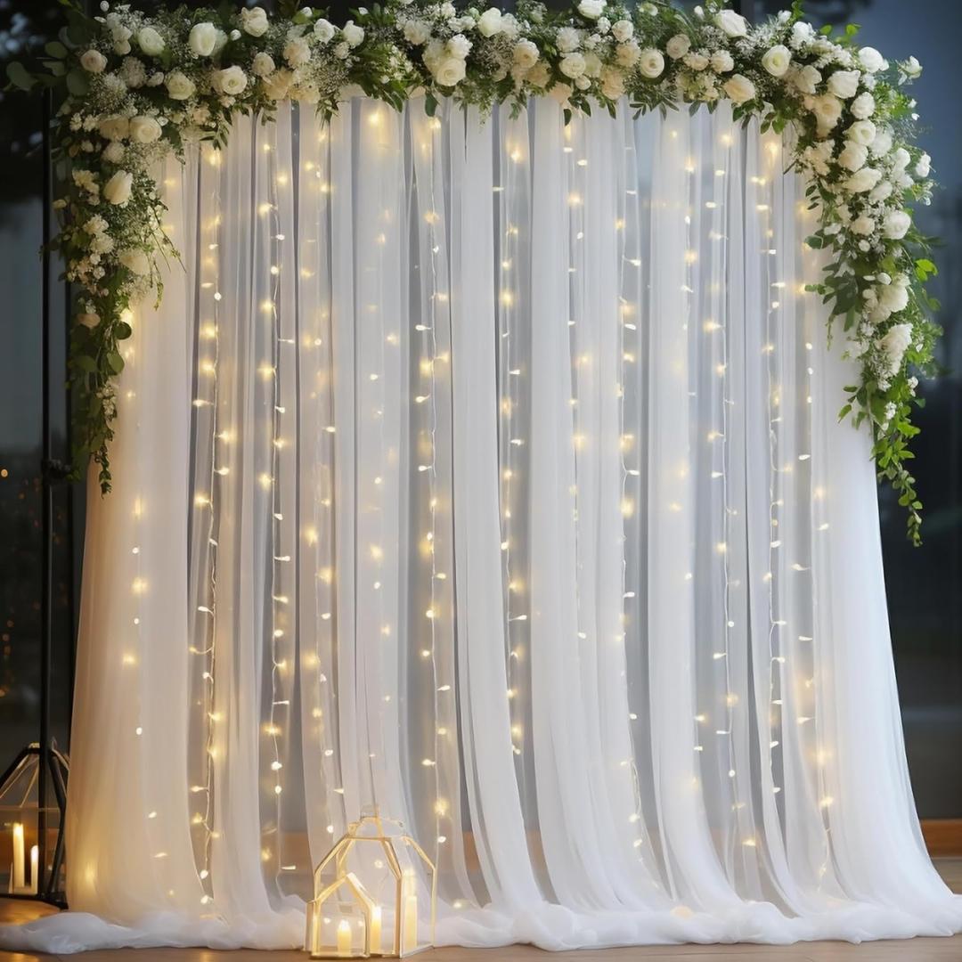 10x10ft White Tulle Backdrop Curtain with Lights String for Parites, Sheer Backdrop Curtains for Wedding Baby Shower Birthday Party Photo Shoot Decorations (10ft x 10ft(2 Panels 5*10ft))
