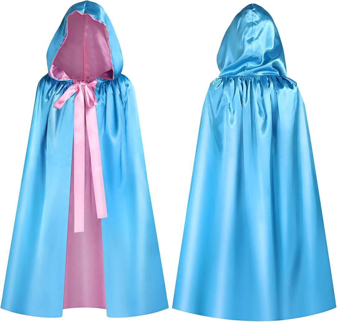 Haysandy Blue Fairy Hooded Cloak Costume, Polyester Cape Cosplay Cloak Princess Costume with Pink Ribbon for Women (3 ft)