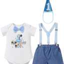IMEKIS Baby Boys 1st 2nd Birthday Outfit Blue Bowtie Romper Suspenders Hat 3PCS Sets Cake Smash Photo Shoot (White, S) 12-18M