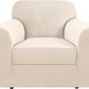 H.VERSAILTEX Stretch Armchair Cover 2 Piece Chair Covers for Living Room Furniture Cover Suit for T Cushion/Box Cushion, Spandex Jacquard Fabric Small Checks(Armchair-Standard, Natural)