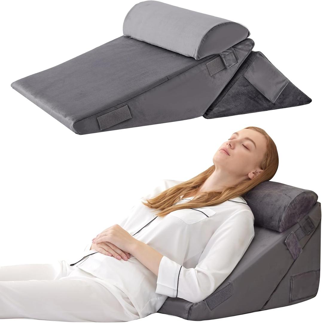 Bedluxe 3Pcs Orthopedic Bed Wedge Pillow Set, Foam Wedge Pillow Post Surgery for Back, Leg and Knee Support, Adjustable 9&12 Inch Folding Triangle Pillow for Sleeping, Acid Reflux, Snoring, Velvet, Adjustable 9&12 Inch + 1 Head Pillow