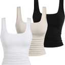 BEAUDRM Women's Y2k Double Lined 3 Piece Crop Tank Top Sets Square Neck Sleeveless Ruched Tee Shirt Basic Tops Pack White Black Khaki Small