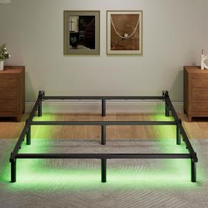 SHOANED Queen Size Bed Frame with LED, 7 Inch Metal Steel Bedframe for Box Spring and Mattress, Heavy Duty Basics Bed Base, Noise Free, Easy Assembly, Black, Adjustable