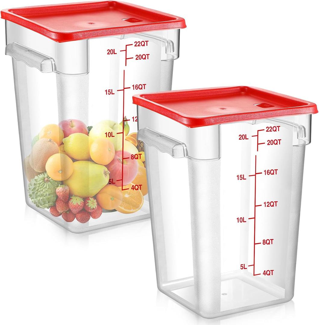 Suclain 2 Pcs Square Food Storage Container Polycarbonate Clear Food Container with Red Lid Commercial Rice Storage with Red Graduations for Commercial Kitchen (Quarts, 22)