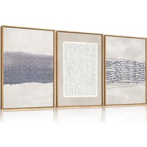 HOURIA Blue White Abstract Neutral Framed Canvas Wall Art Set,Minimalist Boho Waves Lines Wall Decor,Modern Geometric Shapes Print,Mid Century Grunge Artwork for Living Room,Bedroom,Office- 24"x36"x3