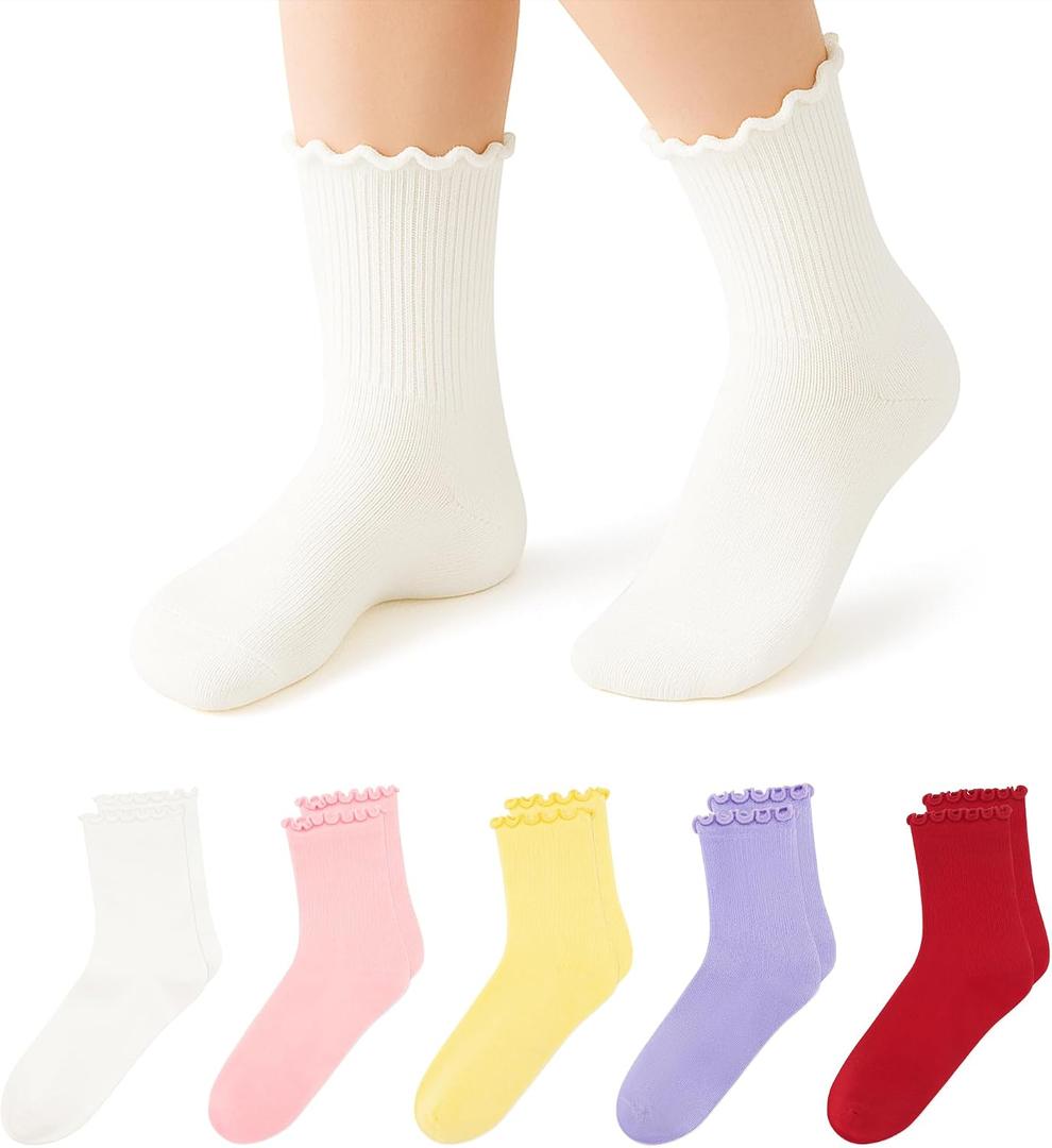 Stelle Girls Ruffle Socks Uniform Dress Ankle Crew Sock 3/5/6 Pairs for Kid (XS)