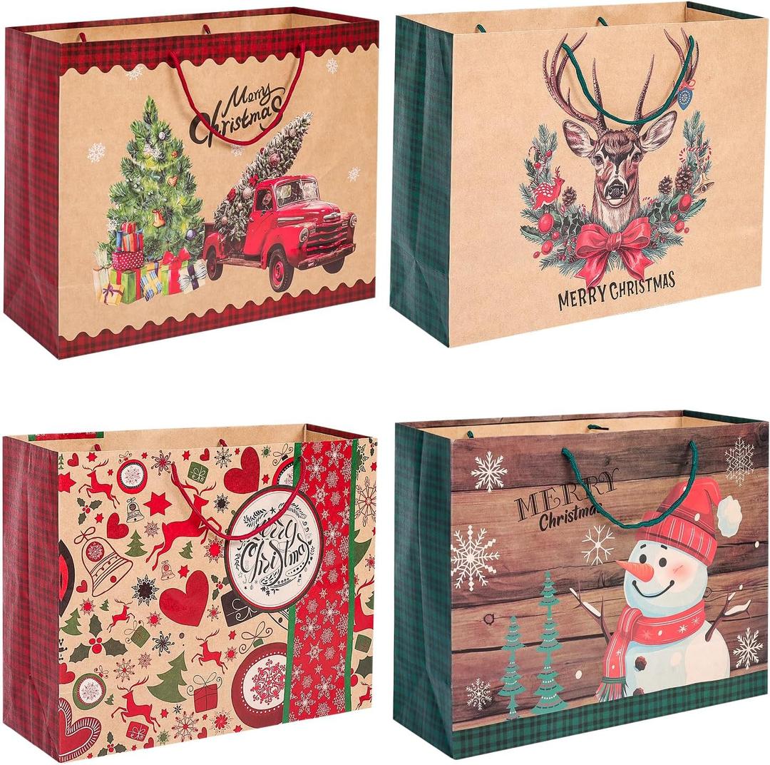 Landteek Fine 20 Extra large Christmas Gift Paper Bags Bulk with handles -4 Designs Jumbo oversized sacks set for Wrapping Gaint Xmas Holiday Presents