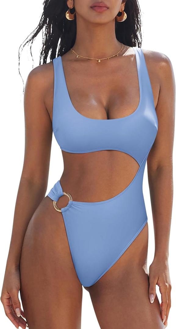 SUUKSESS Women Sexy One Piece Tummy Control Swimsuit Cutout Backless Bathing Suit (Large, Sky Blue)