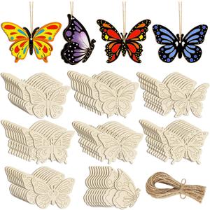 80PCS Wooden Spring Ornaments to Paint Butterfly Cutouts, 8 Styles DIY Blank Unfinished Wood Butterfly Cutouts Ornament for Home Crafts Hanging Decorations