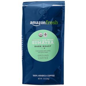 Amazon Fresh Organic Fair Trade Sumatra Ground Coffee, Dark Roast, 12 Ounce