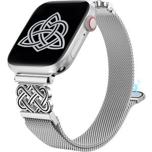 BEEXI Stainless Steel Magnetic Loop Compatible with Apple Watch Band 42/ 41/ 40/ 38mm Women Metal Mesh Celtic Knot Dressy Strap for iWatch SE Series 10/ 9/ 8/ 7/ 6/ 5/ 4/ 3/ 2/ 1/ Ultra(1/ 2) Silver/ Black