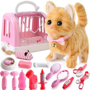 WorWoder Plush Electronic Interactive Cats That Move and Meow Walking Wagging Lifelike Stuffed Kitten Toy pet for Girls Kid with 15PC Parts(Yellow)