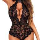Avidlove Lingerie for Women Halter Lace Bodysuit V Neck Teddy One Piece Babydoll Nightgown (Large, Black)