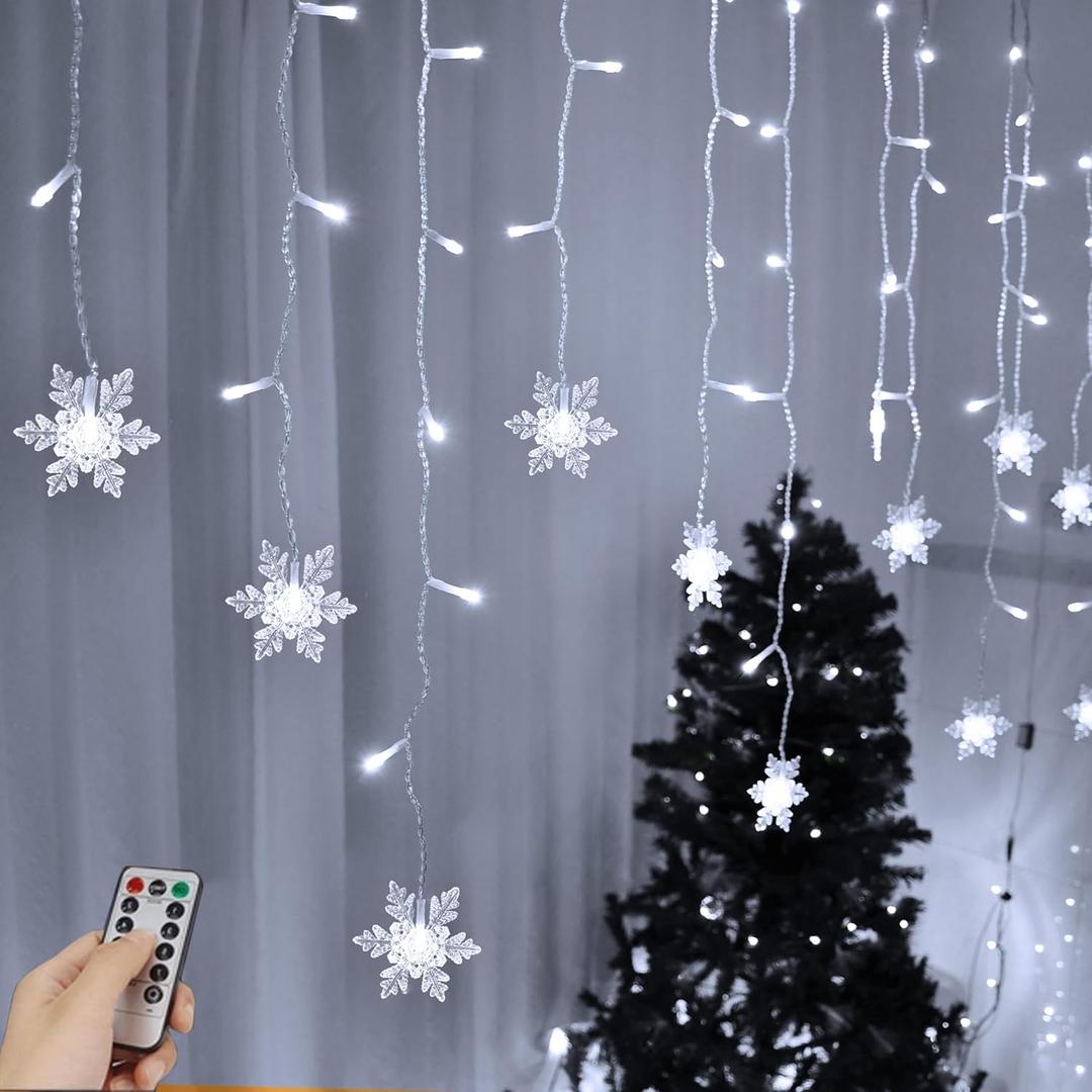 Snowflake Window Curtain Lights, 13ft 96 LED Snowflake Christmas Icicle Lights with Remote,18 Drops,8 Modes Twinkle Fairy Light for Christmas Tree, Bedroom, House, Holiday, Yard Decoration (White)