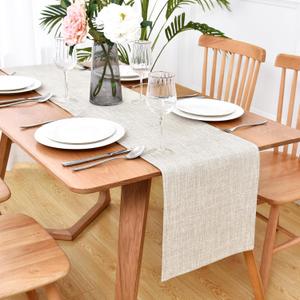 Faux Linen Double Layer Table Runner 48 Inch Long Farmhouse Rustic Short Neutral Beige Table Runners Thick Reversible Coffee Rectangle Runners for Daily Use Dining Table Decor 13x48 Inch
