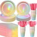 Iridescent Rainbow Party Decorations - Serve 25, Holographic Pastel Paper Plates and Napkins, Disposable Iridescent Rainbow Plates, Cups, Napkins for Girls Birthday, Wedding, Baby Shower