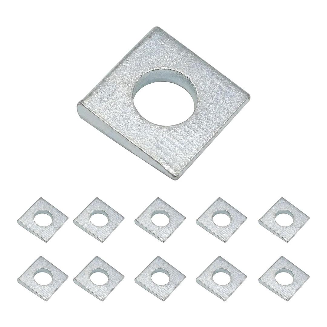10 Pcs 1/2"(ID) Beveled Square Washers, Plain Carbon Steel Galvanized Wedge Shaped Washer, 1-1/8 x 1-1/8 Inch Metal Shims for Leveling, 2 to 6 mm Thickness, Sliver