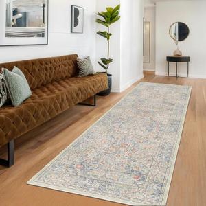 Vintage Beige Blue 3x12 Runner Rug for Hallway, Kitchen, Bathroom, Entryway Indoor, Washable Non Slip Rubber Backing Stain Resistant - Botanical Home Decor