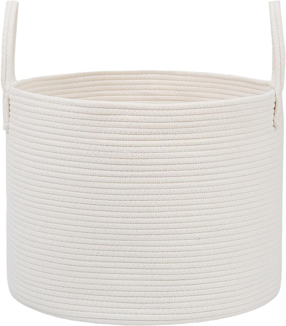115L Extra Large Blanket Basket for Living Room - Woven Cotton Rope Laundry Hamper with Reinforced Handles - Storage Bin for Pillows, Comforters & Toys - Machine Washable,White