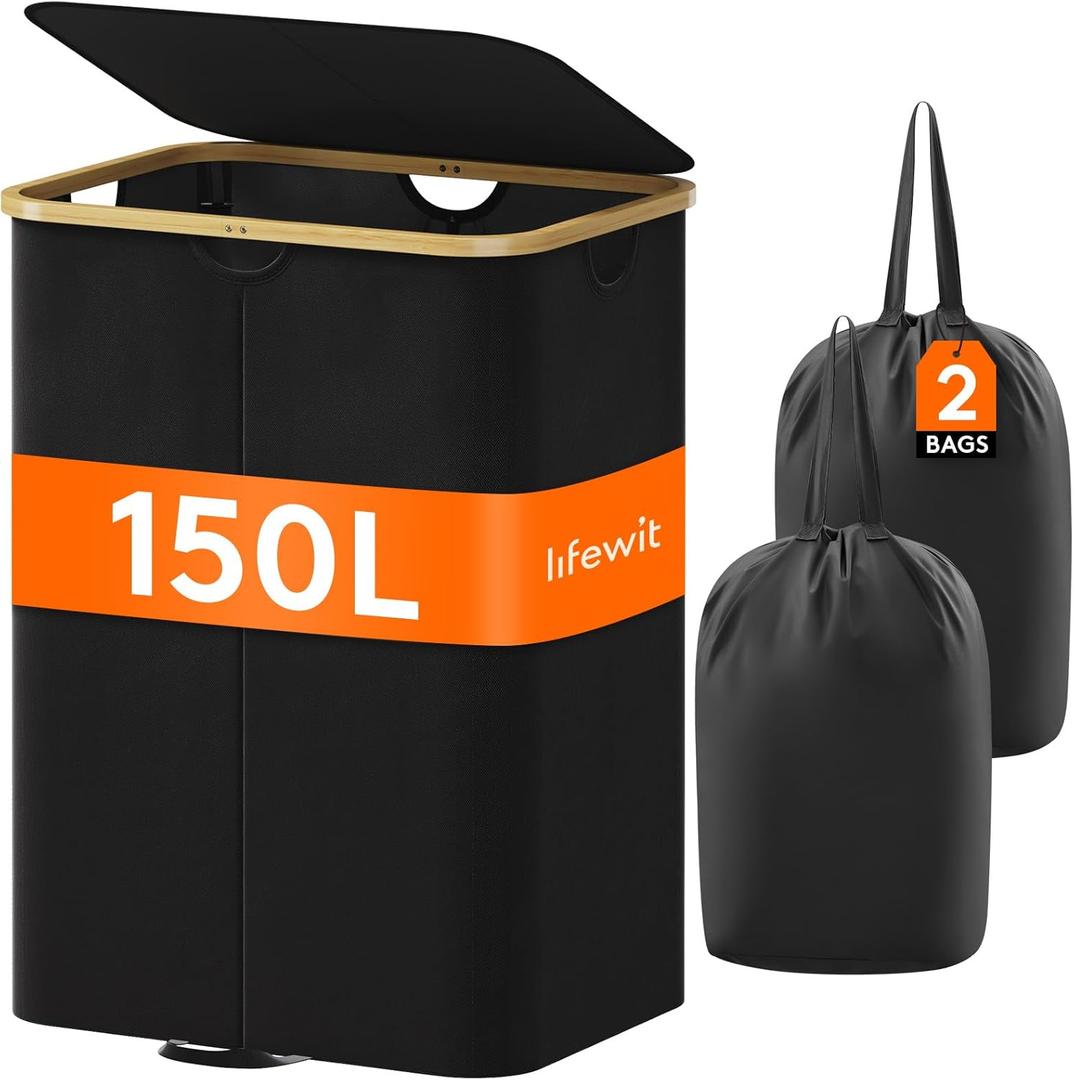 Lifewit 150L Double Laundry Hamper with Lid, Large Dual Laundry Basket Removable Bags, 2 Sections Aesthetic Clothes Hampers for Laundry with Bamboo Handles for Bedroom Bathroom Dorm, Black