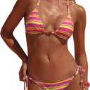 MakeMeChic Women's Striped Triangle Thong Micro Bikini Sets Halter Swimsuits Bathing Suit (S)