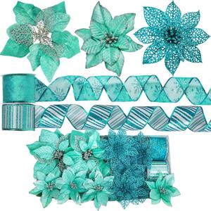 Winlyn 26 Set 3 Style Christmas Glitter Poinsettia Flowers Picks Xmas Tree Ornaments and 2 Rolls 20 Yards Decorative Wired Ribbon for Christmas Tree Wreath Garland (Teal)