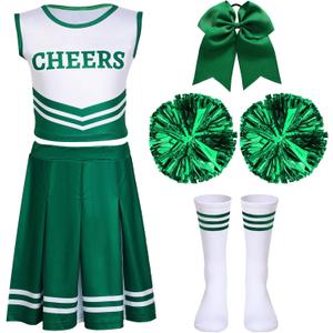 Unittype 4 Pieces Girls Cheerleader Costumes Outfit Cheer Uniform Halloween Dress for Party Birthday (8-9 Y, Green)