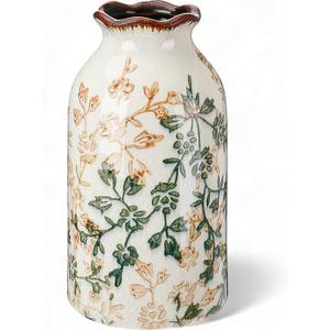 Green Vintage Vase Ceramic Crackle Floral Vase for Farmhouse Retro Home Bookshelf Living Room Table Centerpiece Decor(Rustic)