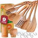 Riveira 9 Pieces Teak Wooden Spoons For Cooking  Premium & Durable Organic Teak Wooden Cooking Utensils  Non Stick Wooden Spatula For Cooking  Non Toxic Utensil Set With Holder & Spoon Rest