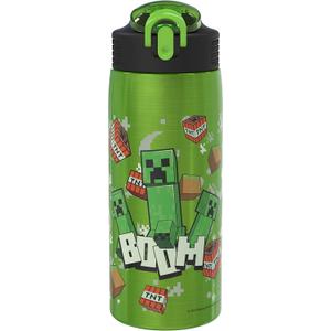 Zak Designs Minecraft Water Bottle for Travel and At Home, 19 oz Vacuum Insulated Stainless Steel with Locking Spout Cover, Built-In Carrying Loop, Leak-Proof Design (Creeper)