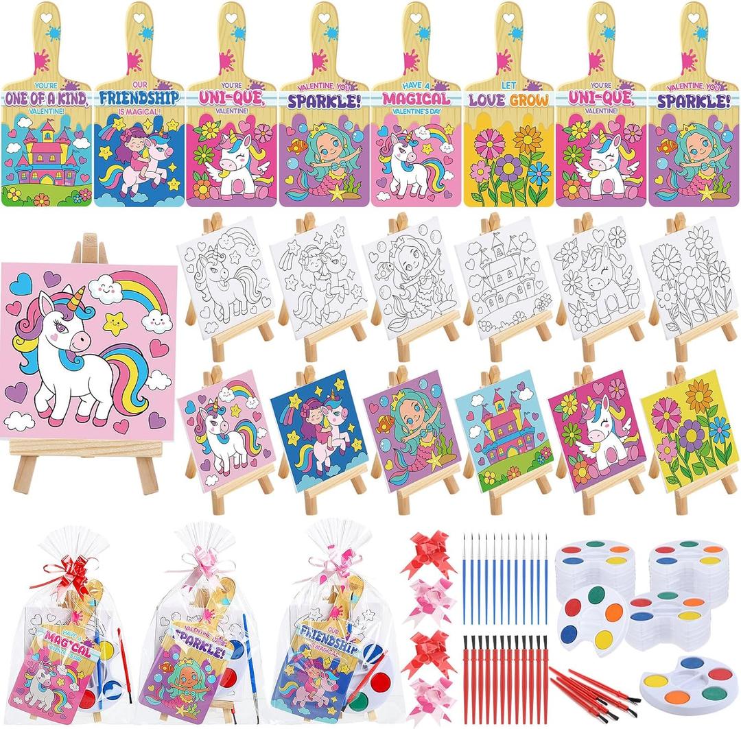 Pajean 24 Sets Valentines Day Gifts Watercolor Paint Set with Paintbrush Wooden Easel Mini Painting Canvas Panel Valentines Craft Exchange Gifts for Paint and Sip Supplies (Unicorn)